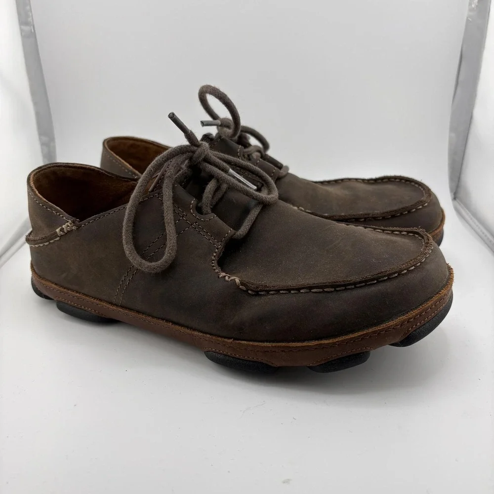 OluKai Ohana Lace-Up Nubuck Shoes Mens 7 Brown Leather Moccasin Casual Comfort